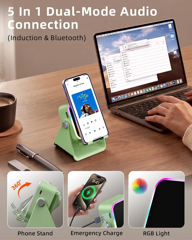 Alt view image 4 of 7 - Induction Speaker 5-in-1 Wireless Bluetooth Audio for iPhone Android | No Pairing Needed, Adjustable Stand, RGB Light, Louder Sound, USB Wired Phone Charging, Cool Tech Gift for Men Women Teens