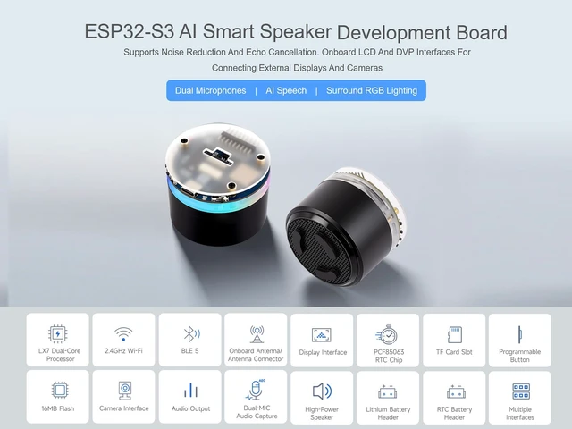 Alt view image 2 of 7 - ESP32-S3 AI Smart Speaker Development Board Onboard Dual Microphone Array, AI Speech, Surround RGB Lighting, Supports Connecting External LCD Displays and Cameras, ESP32-S3 Audio Board