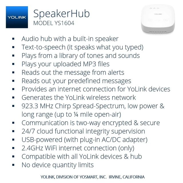 Alt view image 2 of 7 - SpeakerHub Smart Home Hub with Voice Alerts, YS1604 | Hear Custom Sensor Alerts, Alarm Tones, Works with Home Assistant, LoRa YoLink Protocol Up to 2034 Feet, Wi-Fi Required