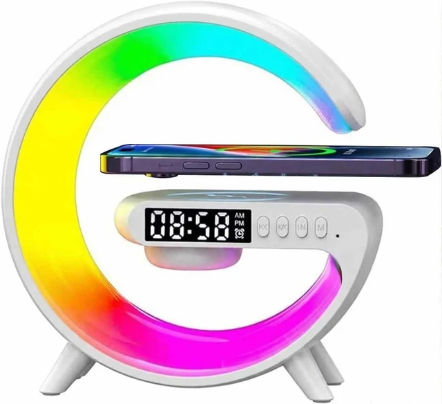 Main image of Mini Smart LED Table Lamp, 4-in-1 Wireless Charger, Wireless Charger with Speaker,Night Light, Alarm Clock, and Bluetooth Speaker for Bedroom and Home Decor (White)