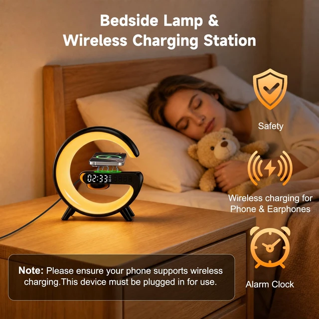 Alt view image 3 of 7 - 5-in-1 Smart LED Table Lamp with Wireless Charger, Bluetooth Speaker, Alarm Clock, Night Light, Bedside Lamp Charging Station for Bedroom Nightstand Dorm Desk, Home Decor, Gifts for Teen Boys Girls