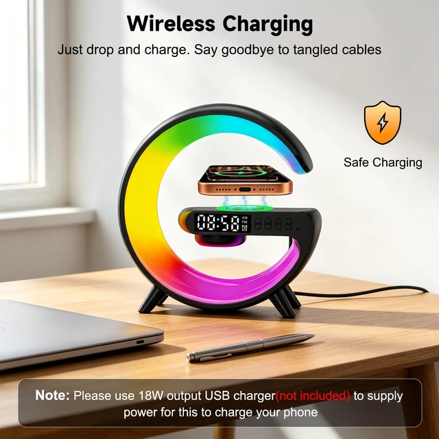 Alt view image 4 of 7 - 5-in-1 Smart LED Table Lamp with Wireless Charger, Bluetooth Speaker, Alarm Clock, Night Light, Bedside Lamp Charging Station for Bedroom Nightstand Dorm Desk, Home Decor, Gifts for Teen Boys Girls