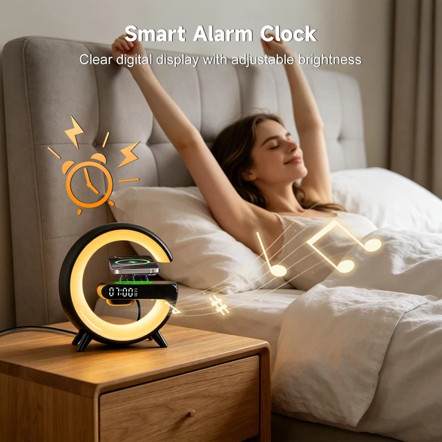 Alt view image 5 of 7 - 5-in-1 Smart LED Table Lamp with Wireless Charger, Bluetooth Speaker, Alarm Clock, Night Light, Bedside Lamp Charging Station for Bedroom Nightstand Dorm Desk, Home Decor, Gifts for Teen Boys Girls