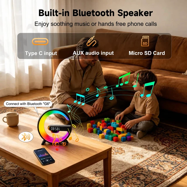 Alt view image 6 of 7 - 5-in-1 Smart LED Table Lamp with Wireless Charger, Bluetooth Speaker, Alarm Clock, Night Light, Bedside Lamp Charging Station for Bedroom Nightstand Dorm Desk, Home Decor, Gifts for Teen Boys Girls