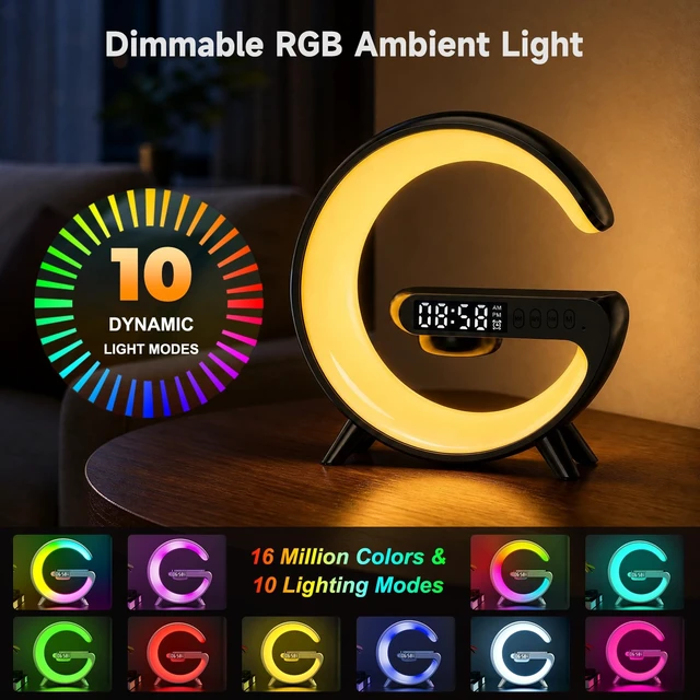 Alt view image 7 of 7 - 5-in-1 Smart LED Table Lamp with Wireless Charger, Bluetooth Speaker, Alarm Clock, Night Light, Bedside Lamp Charging Station for Bedroom Nightstand Dorm Desk, Home Decor, Gifts for Teen Boys Girls