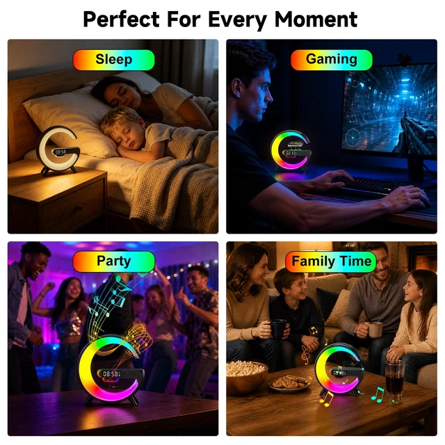 Alt view image 7 of 7 - 5 in 1 Smart LED Table Lamp with Wireless Charging, Bluetooth Speaker, Bedside Night Light, Sunrise Alarm Clock for Christmas Birthday Gifts for Girls Boys Teens Adults Desk Office Bedroom Home Decor