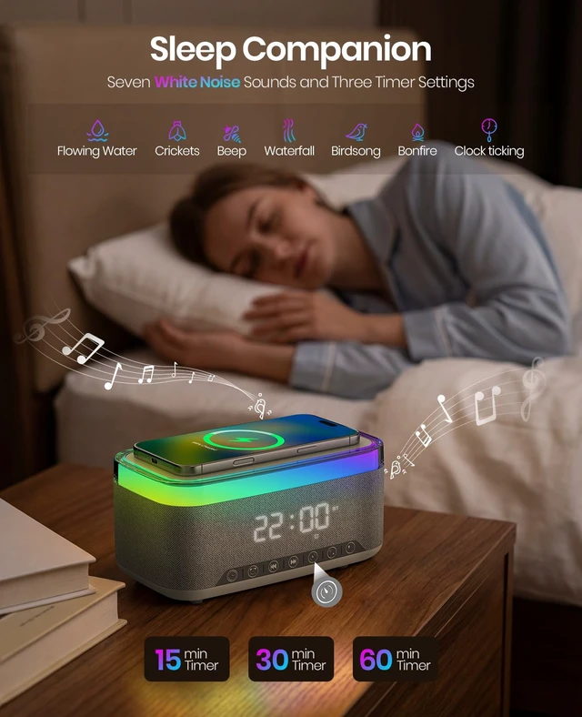 Alt view image 2 of 7 - Wireless Alarm Clock with Charger, Alarm Clocks for Bedrooms Bedside, Bluetooth Speaker Alarm Clock, RGB Night Light - Multi-Functional Smart Alarm Clock for Adults Teens(White)