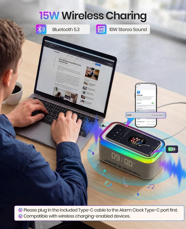 Alt view image 3 of 7 - Wireless Alarm Clock with Charger, Alarm Clocks for Bedrooms Bedside, Bluetooth Speaker Alarm Clock, RGB Night Light - Multi-Functional Smart Alarm Clock for Adults Teens(White)