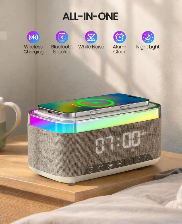 Alt view image 7 of 7 - Wireless Alarm Clock with Charger, Alarm Clocks for Bedrooms Bedside, Bluetooth Speaker Alarm Clock, RGB Night Light - Multi-Functional Smart Alarm Clock for Adults Teens(White)