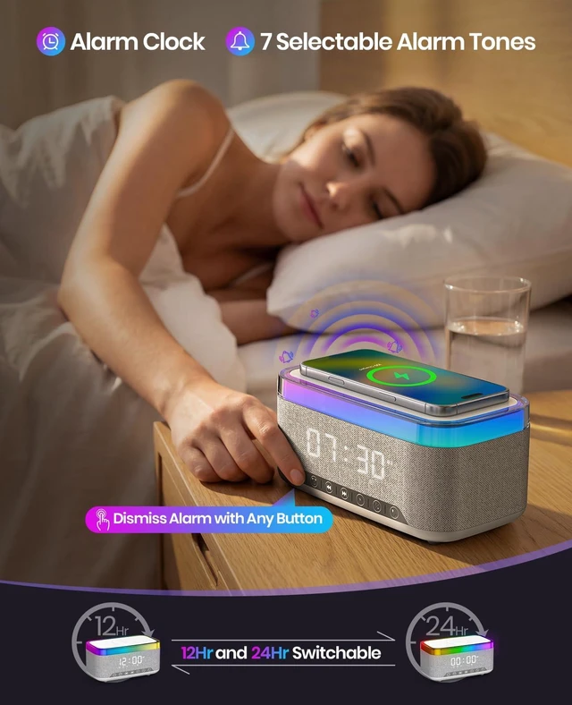 Alt view image 6 of 7 - Wireless Alarm Clock with Charger, Alarm Clocks for Bedrooms Bedside, Bluetooth Speaker Alarm Clock, RGB Night Light - Multi-Functional Smart Alarm Clock for Adults Teens(White)