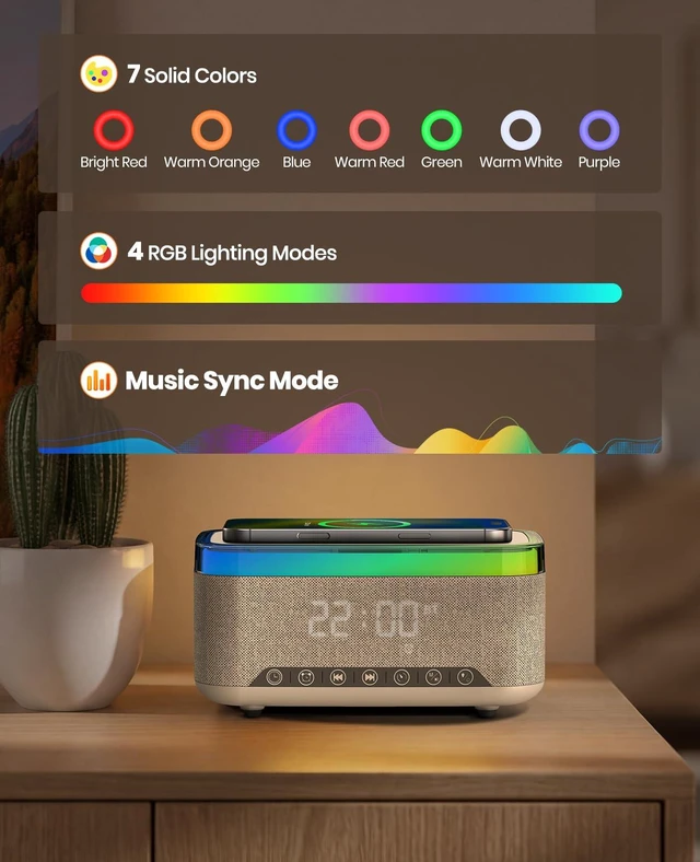 Alt view image 4 of 7 - Wireless Alarm Clock with Charger, Alarm Clocks for Bedrooms Bedside, Bluetooth Speaker Alarm Clock, RGB Night Light - Multi-Functional Smart Alarm Clock for Adults Teens(White)