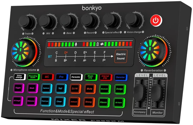 Main image of F999XM Live Sound Card, Bluetooth Audio Mixer with Voice Changer & RGB LED Knobs, 16 Sound Effects, 3 Mic Inputs (6.5mm Dynamic + 2×3.5mm), for Live Streaming, Gaming, Karaoke, PC & Smartphone(Black)