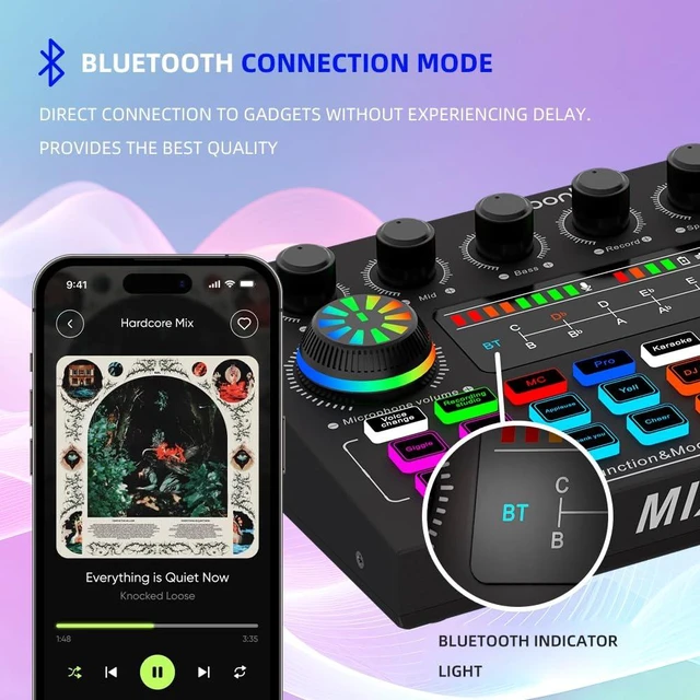 Alt view image 3 of 7 - F999XM Live Sound Card, Bluetooth Audio Mixer with Voice Changer & RGB LED Knobs, 16 Sound Effects, 3 Mic Inputs (6.5mm Dynamic + 2×3.5mm), for Live Streaming, Gaming, Karaoke, PC & Smartphone(Black)