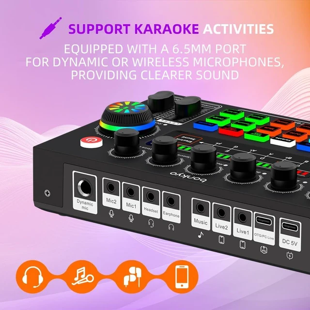 Alt view image 2 of 7 - F999XM Live Sound Card, Bluetooth Audio Mixer with Voice Changer & RGB LED Knobs, 16 Sound Effects, 3 Mic Inputs (6.5mm Dynamic + 2×3.5mm), for Live Streaming, Gaming, Karaoke, PC & Smartphone(Black)