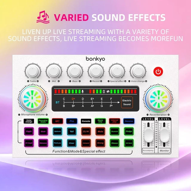 Alt view image 4 of 7 - F999XM Live Sound Card, Bluetooth Audio Mixer with Voice Changer & RGB LED Knobs, 16 Sound Effects, 3 Mic Inputs (6.5mm Dynamic + 2×3.5mm), for Live Streaming, Gaming, Karaoke, PC & Smartphone(Black)