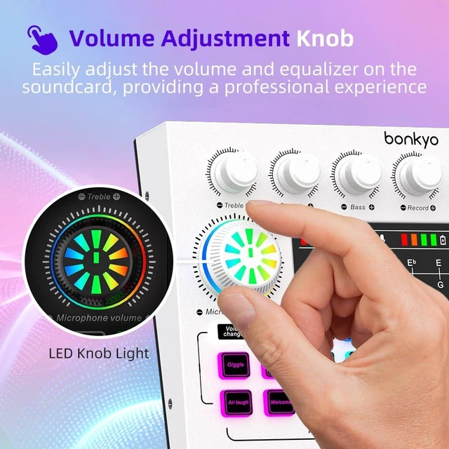 Alt view image 6 of 7 - F999XM Live Sound Card, Bluetooth Audio Mixer with Voice Changer & RGB LED Knobs, 16 Sound Effects, 3 Mic Inputs (6.5mm Dynamic + 2×3.5mm), for Live Streaming, Gaming, Karaoke, PC & Smartphone(Black)