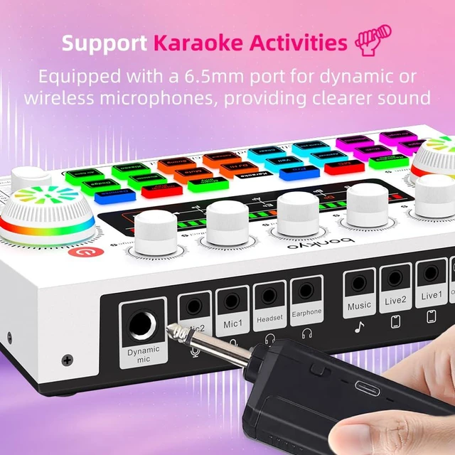 Alt view image 5 of 7 - F999XM Live Sound Card, Bluetooth Audio Mixer with Voice Changer & RGB LED Knobs, 16 Sound Effects, 3 Mic Inputs (6.5mm Dynamic + 2×3.5mm), for Live Streaming, Gaming, Karaoke, PC & Smartphone(Black)