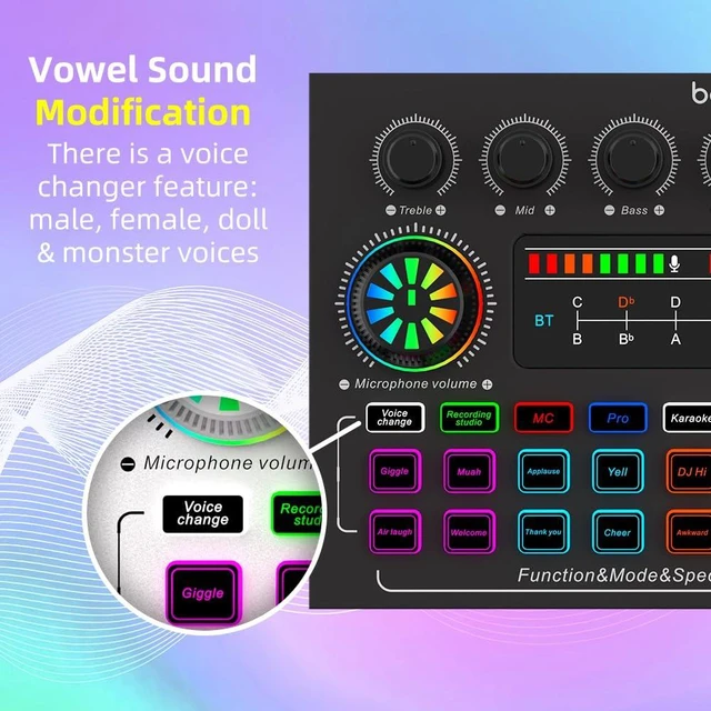 Alt view image 7 of 7 - F999XM Live Sound Card, Bluetooth Audio Mixer with Voice Changer & RGB LED Knobs, 16 Sound Effects, 3 Mic Inputs (6.5mm Dynamic + 2×3.5mm), for Live Streaming, Gaming, Karaoke, PC & Smartphone(Black)