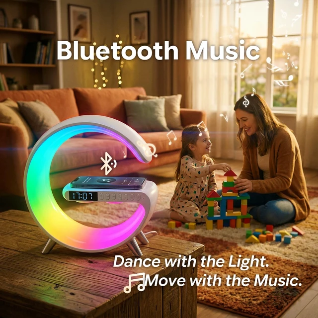 Alt view image 6 of 7 - Smart LED Table Lamp Alarm Clock for Bedroom with Wireless Charging Bluetooth Speaker, App Controlled Night Light for Kids, Christmas Birthday Gifts for Teens Adults Desk Office Bedroom Decor (White