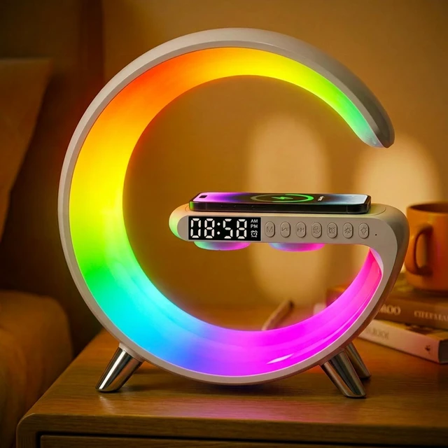 Main image of Smart LED Table Lamp Alarm Clock for Bedroom with Wireless Charging Bluetooth Speaker, App Controlled Night Light for Kids, Christmas Birthday Gifts for Teens Adults Desk Office Bedroom Decor (White