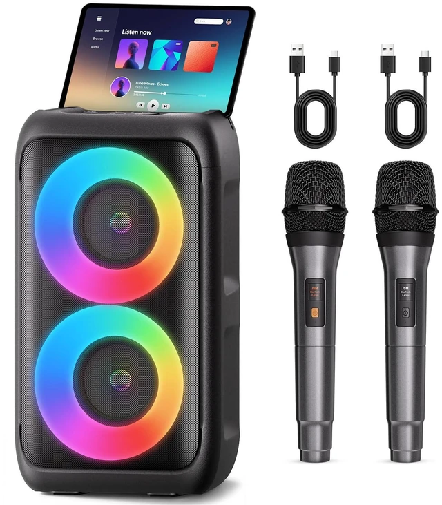 Main image of Bluetooth Speaker with 2 Wireless Microphones Party Speaker for Adults Kids | Gifts,Portable,Rechargeable,5 Light Modes, Support TWS USB AUX TF Card ,Outdoor Loud Speaker Home Theater Equalizers