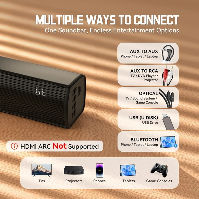 Alt view image 3 of 7 - TV Sound Bar Optical Input, Sound Bar Smart TV Compact, Sounds Bars Bluetooth Surround Speakers, 2.0 CH Stereo Sound System, Bluetooth, Optical, AUX, AUX to RCA, USB, for 24"32" TV (No HDMI), Black
