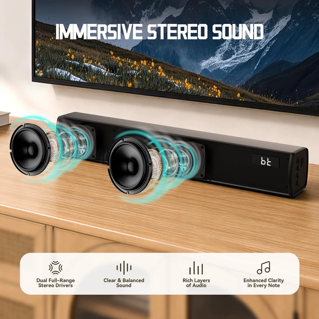 Alt view image 4 of 7 - TV Sound Bar Optical Input, Sound Bar Smart TV Compact, Sounds Bars Bluetooth Surround Speakers, 2.0 CH Stereo Sound System, Bluetooth, Optical, AUX, AUX to RCA, USB, for 24"32" TV (No HDMI), Black