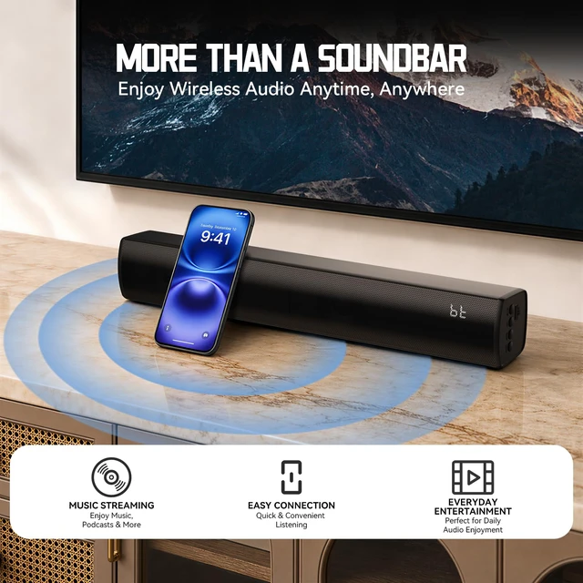 Alt view image 7 of 7 - TV Sound Bar Optical Input, Sound Bar Smart TV Compact, Sounds Bars Bluetooth Surround Speakers, 2.0 CH Stereo Sound System, Bluetooth, Optical, AUX, AUX to RCA, USB, for 24"32" TV (No HDMI), Black