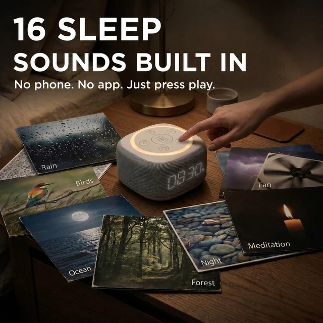 Alt view image 3 of 4 - Home Speaker with AI Voice Assistant Access, Clock, White (BRS-180) | White noise machine for bedroom - 16 sleep sounds, 8 RGB night light modes - rich audio sound - white