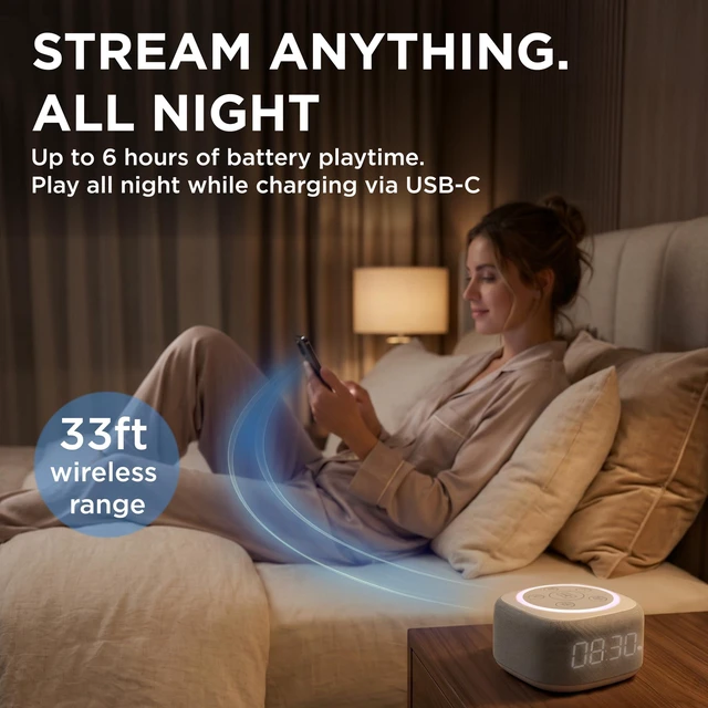 Alt view image 4 of 4 - Home Speaker with AI Voice Assistant Access, Clock, White (BRS-180) | White noise machine for bedroom - 16 sleep sounds, 8 RGB night light modes - rich audio sound - white