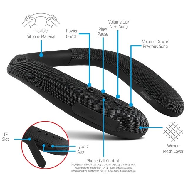 Alt view image 2 of 7 - Wearable Neckband Smart Bluetooth Speaker, Around-the-Neck Wireless Speaker with Built-in Mic & Hands-Free Calls, Bluetooth 5.4, Up to 10-Hr Playtime, MicroSD/AUX/USB-C Ports, Black