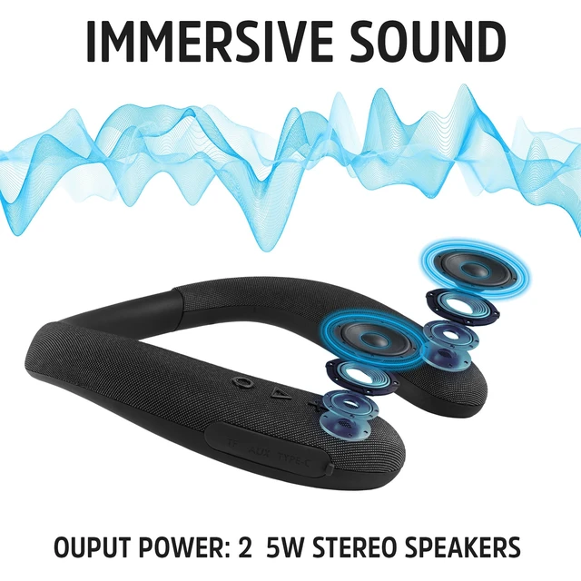 Alt view image 4 of 7 - Wearable Neckband Smart Bluetooth Speaker, Around-the-Neck Wireless Speaker with Built-in Mic & Hands-Free Calls, Bluetooth 5.4, Up to 10-Hr Playtime, MicroSD/AUX/USB-C Ports, Black