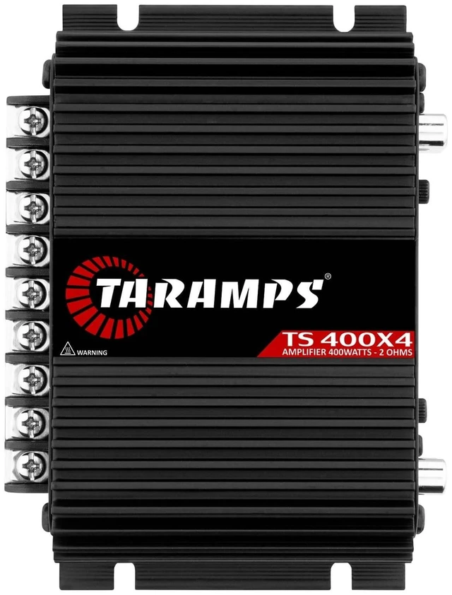 Main image of TS 400X4 Black 2 Ohms 400W RMS 4-Channel Car Audio Amplifier | High-Level and RCA inputs, bridgeable channels, built-in crossover and compact Class D design for flexible installations.