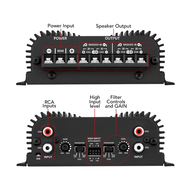 Alt view image 6 of 7 - TS 400X4 Black 2 Ohms 400W RMS 4-Channel Car Audio Amplifier | High-Level and RCA inputs, bridgeable channels, built-in crossover and compact Class D design for flexible installations.
