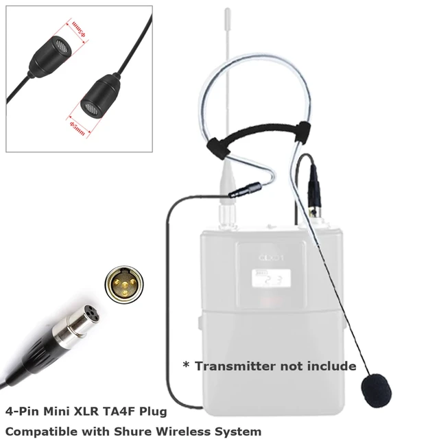 Alt view image 6 of 6 - Black Single Earset Headset Microphone Compatible with Shure | Headworn Over Ear Hanging Condenser Mic for Wireless Bodypack Transmitter System with Mini XLR 4 Pin TA4F Plug