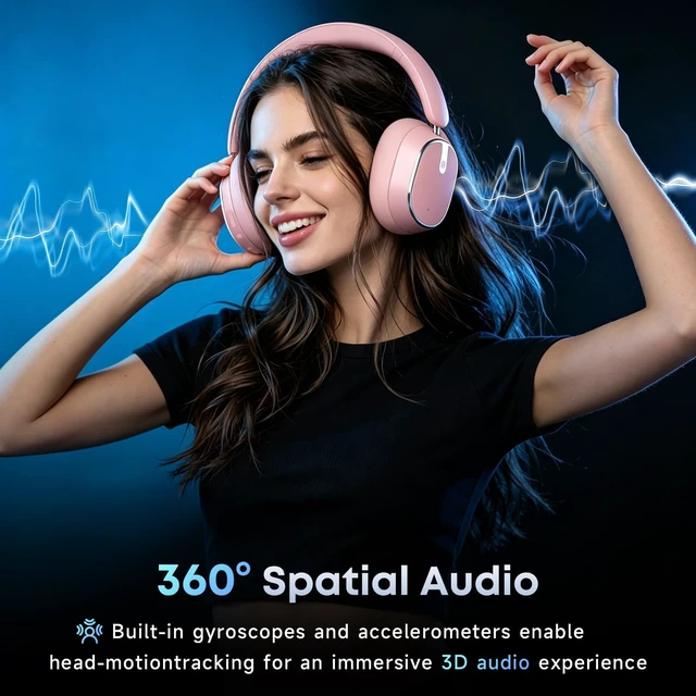 Alt view image 5 of 7 - Active Noise Cancelling Bluetooth Headphones, Over Ear Wireless Headphones | Bluetooth 6.0 Over Ear with120H Playtime, Hi-Res Audio, Deep Bass, Memory Foam Ear Cups for Home Office Travel Pink