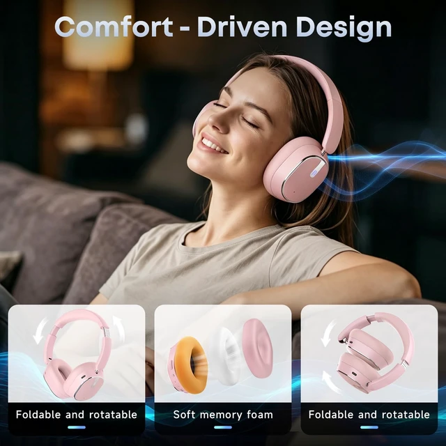 Alt view image 7 of 7 - Active Noise Cancelling Bluetooth Headphones, Over Ear Wireless Headphones | Bluetooth 6.0 Over Ear with120H Playtime, Hi-Res Audio, Deep Bass, Memory Foam Ear Cups for Home Office Travel Pink