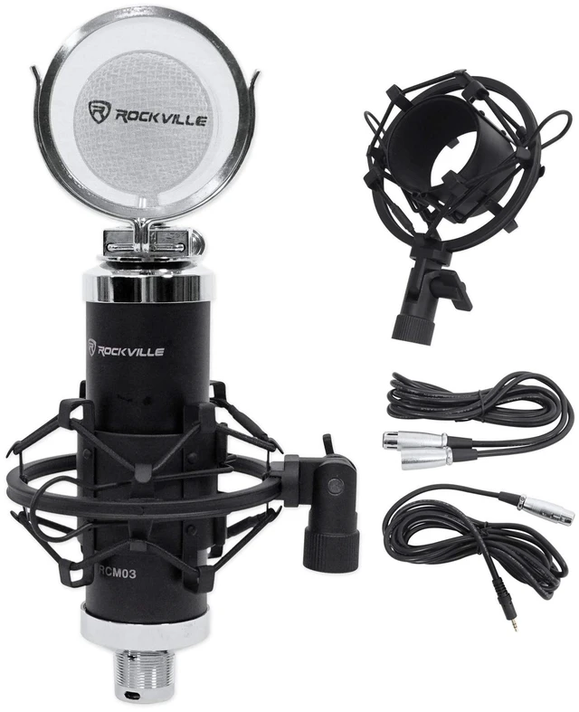 Main image of RCM03 Pro Studio Recording Condenser Mic with Metal Shock Mount | Cardioid, 16mm Diaphragm, Aluminum Body, Includes XLR and 3.5mm Cables, 48V Phantom Power, Lollipop Style