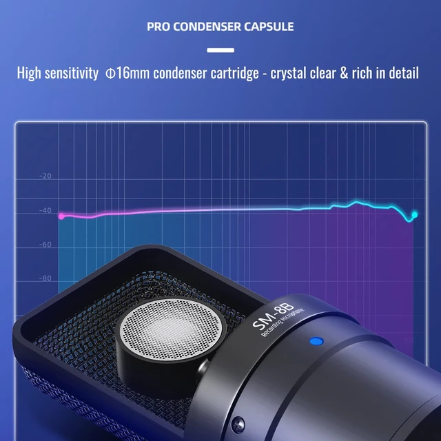 Alt view image 2 of 7 - SM-8B II Studio Condenser Mic with 16mm Diaphragm & Shock Mount | 20Hz-20kHz Response, -36dB Sensitivity, Cardioid Pattern, Shock Mount & POP Filter Included, Requires 48V Phantom Power