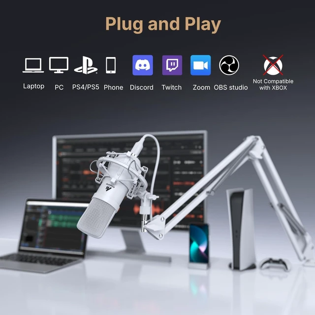 Alt view image 5 of 7 - A04 White USB Microphone, 192kHz/24Bit Condenser Mic for PC Podcast | Plug & Play Computer Cardioid Metal Mic Kit with Pro Sound Chipset for Recording, Gaming, Content Creation, Stream, YouTube
