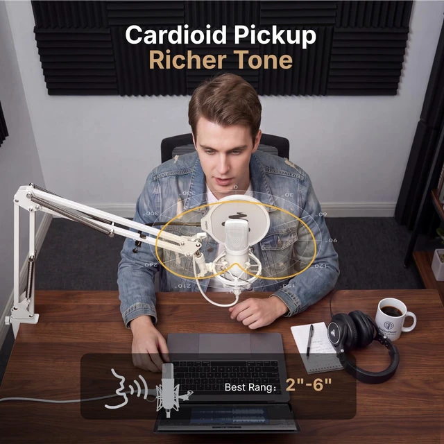 Alt view image 6 of 7 - A04 White USB Microphone, 192kHz/24Bit Condenser Mic for PC Podcast | Plug & Play Computer Cardioid Metal Mic Kit with Pro Sound Chipset for Recording, Gaming, Content Creation, Stream, YouTube