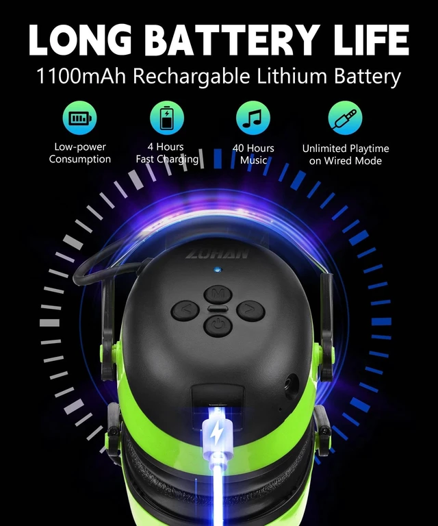 Alt view image 3 of 7 - EM037 6.0 Bluetooth Hearing Protection 25dB NRR Noise Reduction | Earmuffs with 1100mAh Rechargeable Battery, Headphones with 120H Playtime for Mowing, Snowblowing, Construction, Workshops