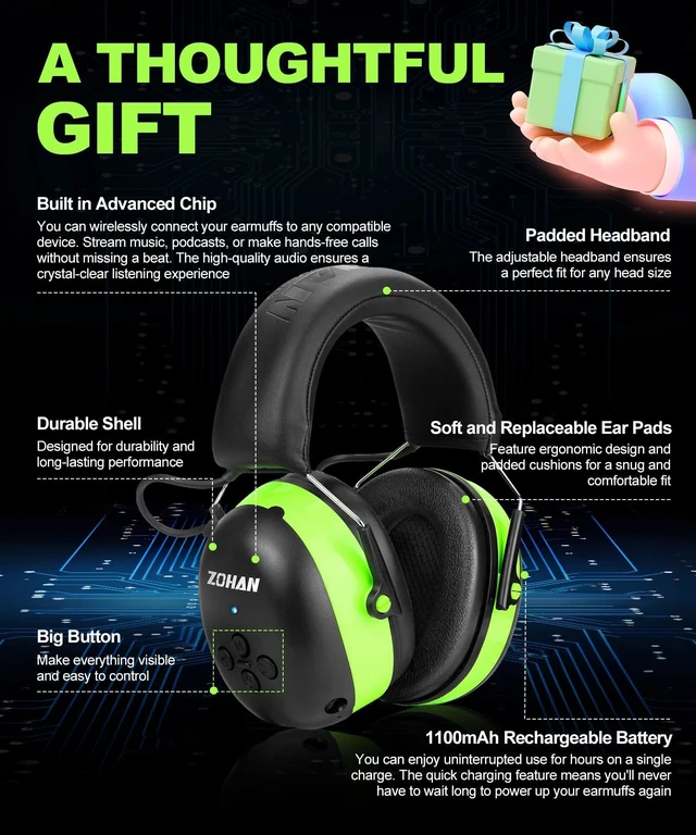 Alt view image 5 of 7 - EM037 6.0 Bluetooth Hearing Protection 25dB NRR Noise Reduction | Earmuffs with 1100mAh Rechargeable Battery, Headphones with 120H Playtime for Mowing, Snowblowing, Construction, Workshops