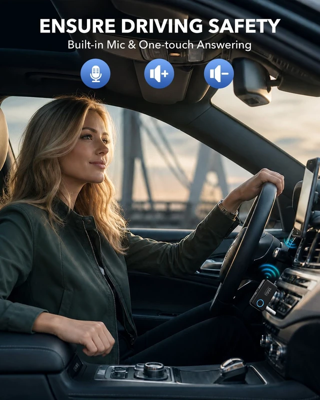 Alt view image 3 of 7 - Bluetooth 6.0 Receiver for Car, AUX Bluetooth Car Adapter | Wireless Audio Receiver for Home Stereo/Wired Headphones, Volume Control, Hands Free Calls, 16H Battery Life