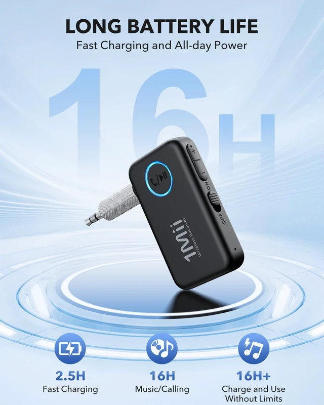 Alt view image 6 of 7 - Bluetooth 6.0 Receiver for Car, AUX Bluetooth Car Adapter | Wireless Audio Receiver for Home Stereo/Wired Headphones, Volume Control, Hands Free Calls, 16H Battery Life