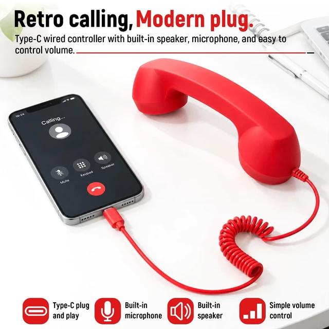 Alt view image 2 of 6 - 2027 Upgraded Retro Phone Handset for Smartphones,Clear Sound Quality Type-C Vintage Wired Plug in Handheld Cell Phone Receiver with Microphone,Office Desk Accessory,Plug in and Talk