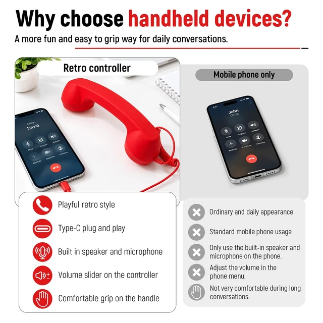 Alt view image 3 of 6 - 2027 Upgraded Retro Phone Handset for Smartphones,Clear Sound Quality Type-C Vintage Wired Plug in Handheld Cell Phone Receiver with Microphone,Office Desk Accessory,Plug in and Talk