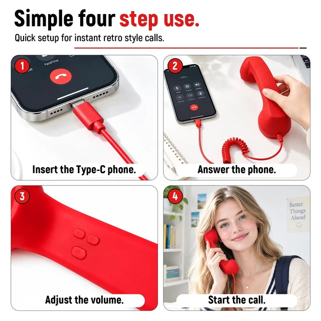 Alt view image 4 of 6 - 2027 Upgraded Retro Phone Handset for Smartphones,Clear Sound Quality Type-C Vintage Wired Plug in Handheld Cell Phone Receiver with Microphone,Office Desk Accessory,Plug in and Talk