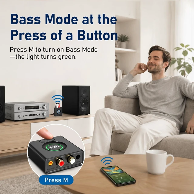 Alt view image 4 of 7 - ML200 Bluetooth 6.0 Receiver for Home Stereo, AUX/RCA Audio Adapter | Bass Mode, 12H Playtime, Dual Device Connection, 5070 ft Range for Speakers, Amplifiers and Car Audio