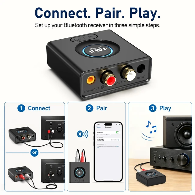 Alt view image 7 of 7 - ML200 Bluetooth 6.0 Receiver for Home Stereo, AUX/RCA Audio Adapter | Bass Mode, 12H Playtime, Dual Device Connection, 5070 ft Range for Speakers, Amplifiers and Car Audio